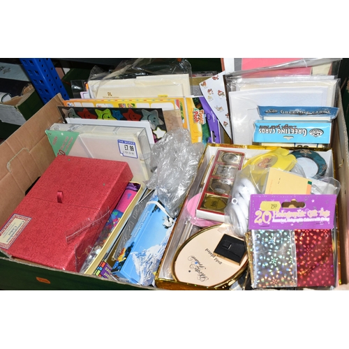 560 - SIX BOXES OF ART AND CRAFTING SUPPLIES, to include beads, ribbons, card kits, photo frames, glitter,... 