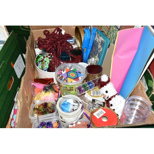 560 - SIX BOXES OF ART AND CRAFTING SUPPLIES, to include beads, ribbons, card kits, photo frames, glitter,... 