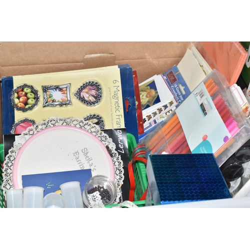 560 - SIX BOXES OF ART AND CRAFTING SUPPLIES, to include beads, ribbons, card kits, photo frames, glitter,... 