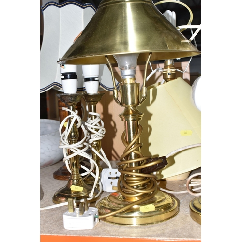 562 - TWELVE TABLE AND DESK LAMPS AND SHADES, to include a pair of oak turned lamps, a pair of brass candl... 