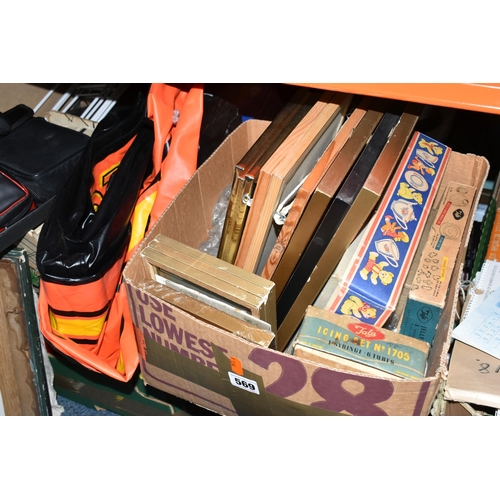 569 - TWO BOXES AND LOOSE ASSORTED SUNDRY ITEMS ETC, to include a pair of RSPB Puffin 10x42 binoculars, a ... 