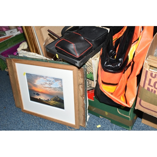 569 - TWO BOXES AND LOOSE ASSORTED SUNDRY ITEMS ETC, to include a pair of RSPB Puffin 10x42 binoculars, a ... 