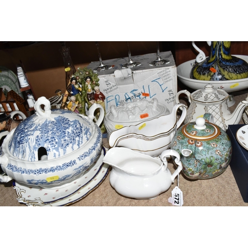 572 - A GROUP OF CERAMICS AND GLASSWARE, to include a Myott 'Royal Mail' soup tureen and cover, a Spode Sh... 