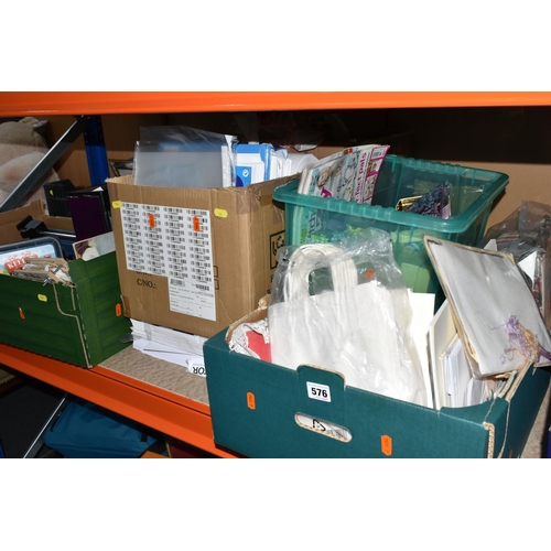 576 - FIVE BOXES AND LOOSE CRAFTING SUPPLIES ETC, to include a Dahle rotary trimmer, packs of gift tags, o... 