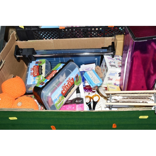 576 - FIVE BOXES AND LOOSE CRAFTING SUPPLIES ETC, to include a Dahle rotary trimmer, packs of gift tags, o... 