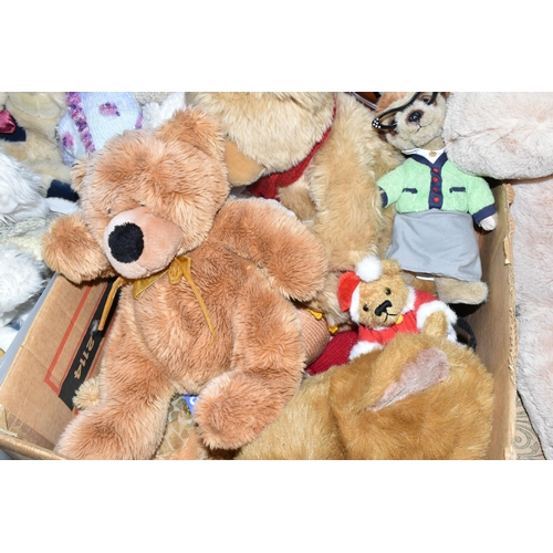 578 - TWO BOXES AND LOOSE SOFT TOYS, to include a Snuggle Buddies Giant Bear, approximate length 100cm, a ... 