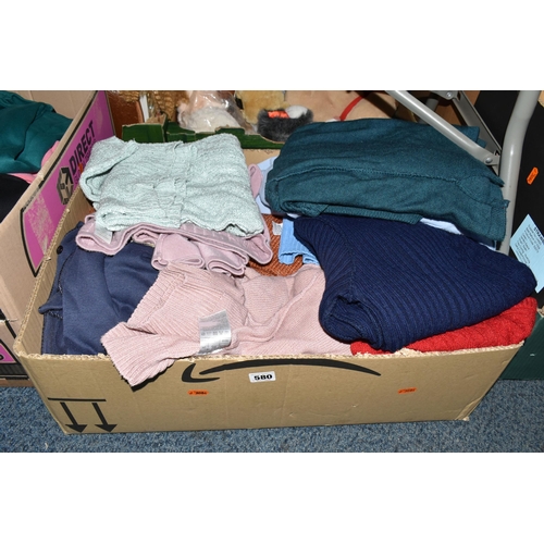 580 - SIX BOXES OF LADIES CLOTHING AND ACCESSORIES ETC, to include jumpers, long and short sleeved tops, q... 