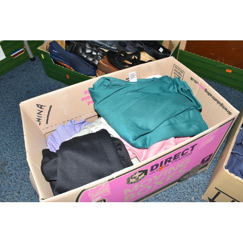 580 - SIX BOXES OF LADIES CLOTHING AND ACCESSORIES ETC, to include jumpers, long and short sleeved tops, q... 