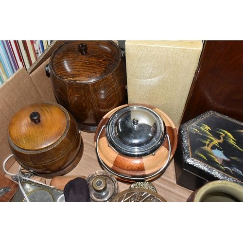 584 - TWO BOXES OF TREEN, STONEWARE AND TABLE LINEN, to include two stoneware foot warmers, a collection o... 