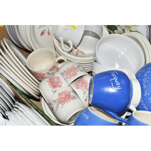 587 - SIX BOXES AND LOOSE CERAMIC KITCHENWARE, to include Poole retro two tone colour tea ware including t... 