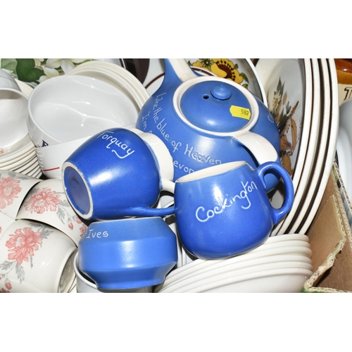 587 - SIX BOXES AND LOOSE CERAMIC KITCHENWARE, to include Poole retro two tone colour tea ware including t... 