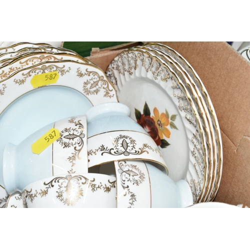 587 - SIX BOXES AND LOOSE CERAMIC KITCHENWARE, to include Poole retro two tone colour tea ware including t... 