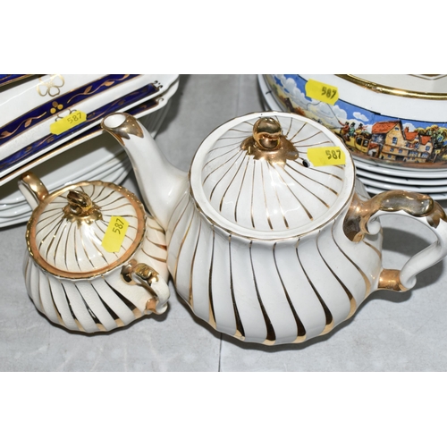 587 - SIX BOXES AND LOOSE CERAMIC KITCHENWARE, to include Poole retro two tone colour tea ware including t... 