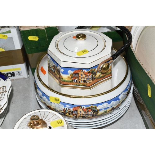 587 - SIX BOXES AND LOOSE CERAMIC KITCHENWARE, to include Poole retro two tone colour tea ware including t... 