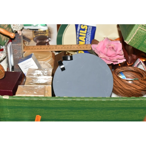 590 - SEVEN BOXES AND LOOSE MISCELLANEOUS SUNDRIES, to include a small wicker laundry basket, wicker stair... 