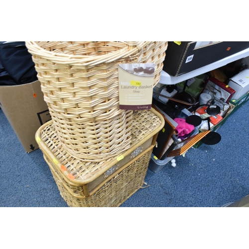 590 - SEVEN BOXES AND LOOSE MISCELLANEOUS SUNDRIES, to include a small wicker laundry basket, wicker stair... 