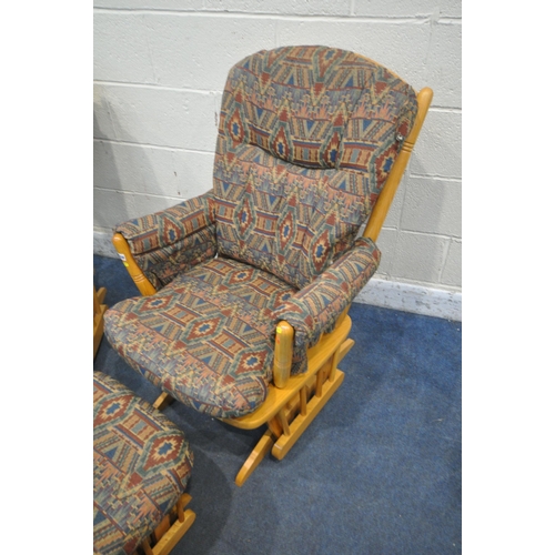 1208 - A PAIR OF DUTAILIER BEECH FRAMED ROCKING CHAIRS, with a rocking locking mechanism, width 68cm x dept... 