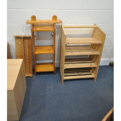 1211 - A SELECTION OF OCCASIONAL FURNITURE, to include a beech two drawer cabinet, three beech tables, a cd... 