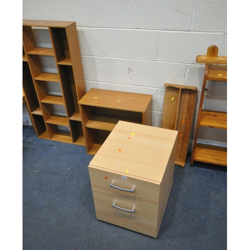 1211 - A SELECTION OF OCCASIONAL FURNITURE, to include a beech two drawer cabinet, three beech tables, a cd... 