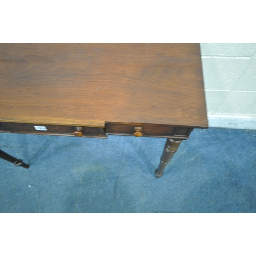 1219 - AN EARLY 19TH CENTURY MAHOGANY BREAKFRONT SIDE TABLE, with three frieze drawers, raised on turned an... 