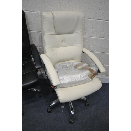 1225 - A CREAM LEATHER SWIVEL OFFICE CHAIR, with two new armrests, a black swivel armchair, along with a pa... 