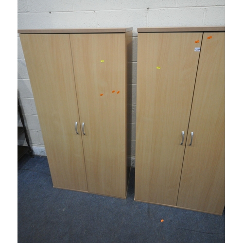 1226 - THREE BEECH DOUBLE DOOR OFFICE CABINETS, largest width 79cm x depth 40cm x height 160cm (condition r... 