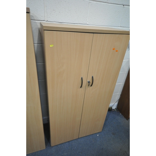 1226 - THREE BEECH DOUBLE DOOR OFFICE CABINETS, largest width 79cm x depth 40cm x height 160cm (condition r... 