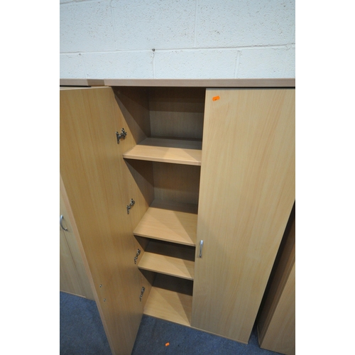 1226 - THREE BEECH DOUBLE DOOR OFFICE CABINETS, largest width 79cm x depth 40cm x height 160cm (condition r... 