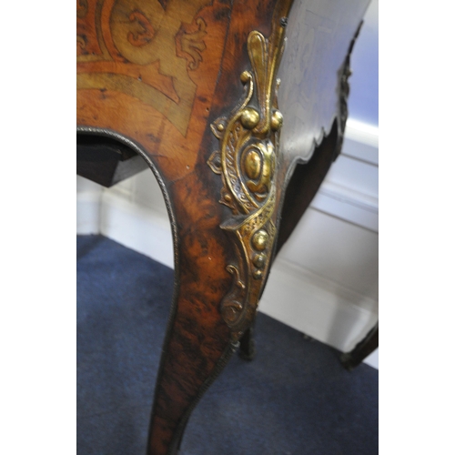 1242 - A 19TH CENTURY FRENCH BURR WOOD LADIES DRESSING TABLE, with marquetry inlay, the hinged lid boarded ... 