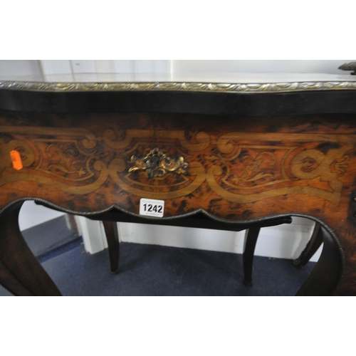 1242 - A 19TH CENTURY FRENCH BURR WOOD LADIES DRESSING TABLE, with marquetry inlay, the hinged lid boarded ... 