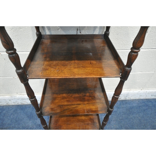 1245 - AN EDWARDIAN MAHOGANY FOUR TIER WHAT-NOT, with raised back and sides, raised on turned rosewood supp... 