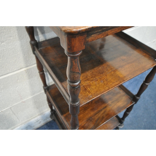 1245 - AN EDWARDIAN MAHOGANY FOUR TIER WHAT-NOT, with raised back and sides, raised on turned rosewood supp... 