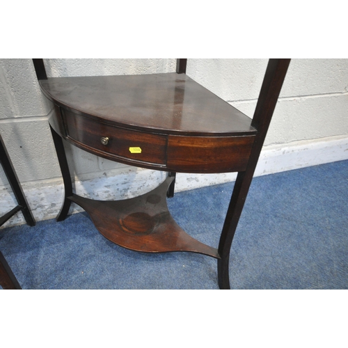 1246 - A GEORGIAN MAHOGANY THREE TIER CORNER WASH STAND, with a single drawer, width 61cm x depth 43cm x he... 