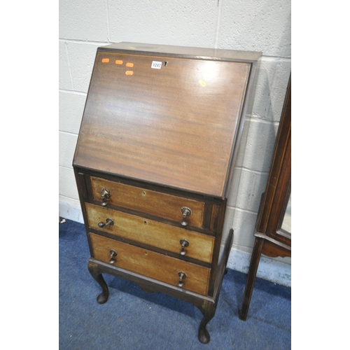 1247 - A SLIM EDWARDIAN MAHOGANY BUREAU, with three drawers, width 53cm x depth 43cm x height 110cm, along ... 