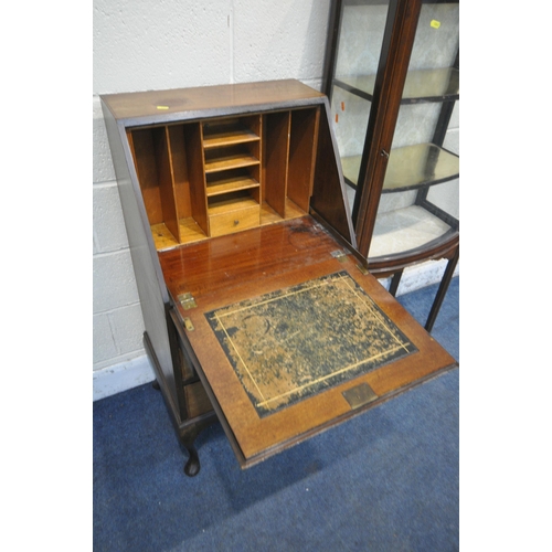 1247 - A SLIM EDWARDIAN MAHOGANY BUREAU, with three drawers, width 53cm x depth 43cm x height 110cm, along ... 