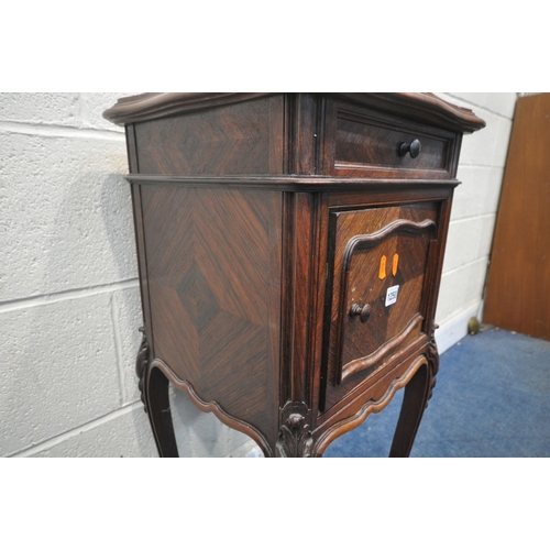 1250 - AN EARLY 20TH CENTURY FRENCH ROSEWOOD QUARTER SAWN VENEER MARBLE TOP POT CUPBOARD, with a single dra... 