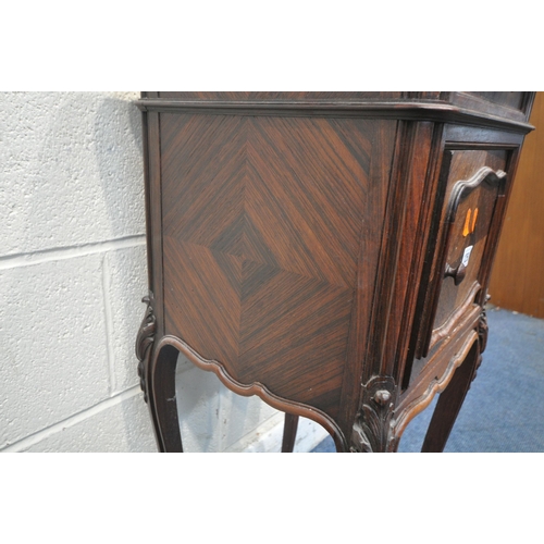 1250 - AN EARLY 20TH CENTURY FRENCH ROSEWOOD QUARTER SAWN VENEER MARBLE TOP POT CUPBOARD, with a single dra... 