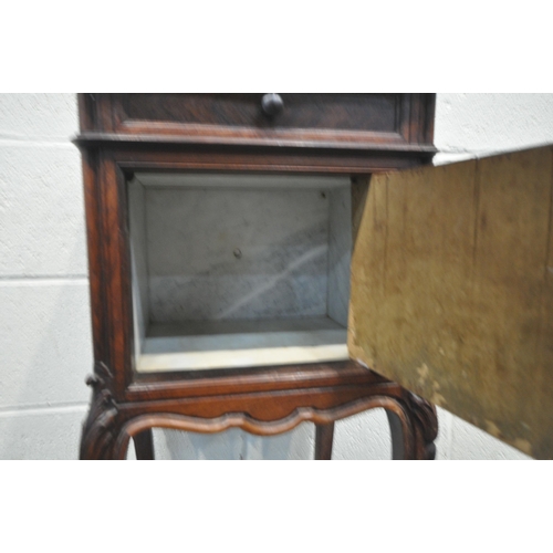 1250 - AN EARLY 20TH CENTURY FRENCH ROSEWOOD QUARTER SAWN VENEER MARBLE TOP POT CUPBOARD, with a single dra... 