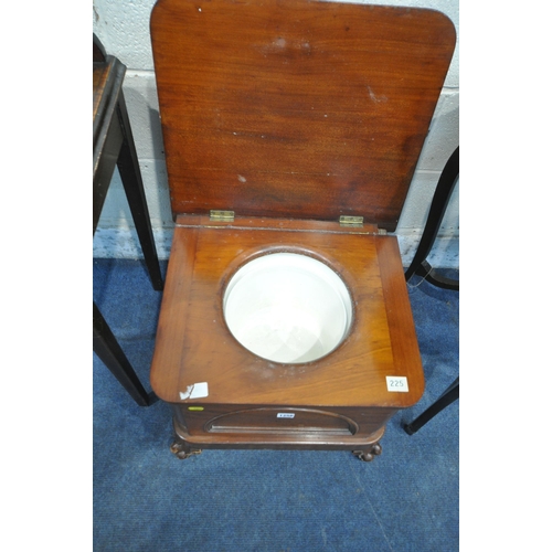 1256 - A 19TH CENTURY MAHOGANY COMMODE, with a hinged lid, ceramic pot and a pull out foot rest, width 50cm... 