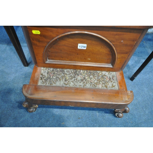 1256 - A 19TH CENTURY MAHOGANY COMMODE, with a hinged lid, ceramic pot and a pull out foot rest, width 50cm... 