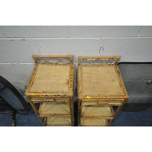 1257 - A PAIR OF THREE TIER RATTAN CABINETS, with a slim fall front storage section, a mahogany triple dres... 