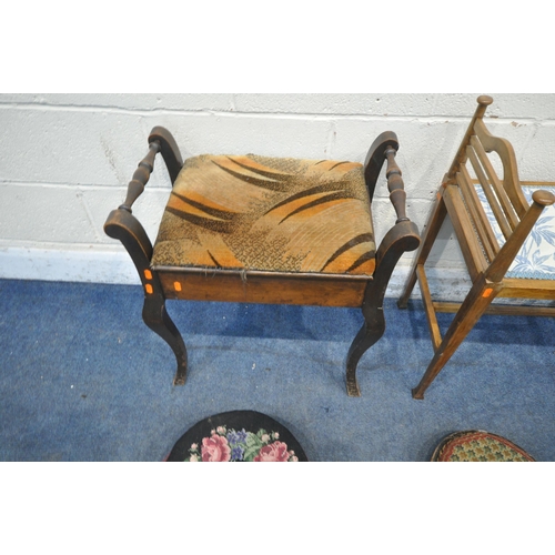 1258 - AN ARTS AND CRAFTS PIANO STOOL, with shaped side rails, tapered legs, united by stretchers, another ... 