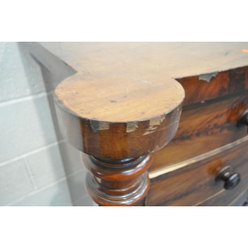 1266 - A VICTORIAN FLAME MAHOGANY BOWFRONT SCOTTISH CHEST, with rounded front corners, octagonal pillars, f... 