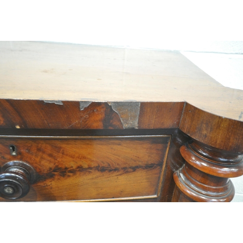 1266 - A VICTORIAN FLAME MAHOGANY BOWFRONT SCOTTISH CHEST, with rounded front corners, octagonal pillars, f... 