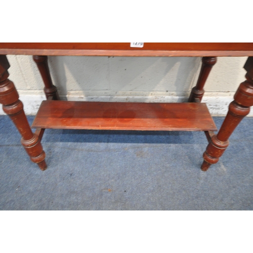 1270 - A EARLY 20TH CENTURY STAINED PINE MARBLE TOP WASH STAND, with a raised tile back, raised on turned l... 