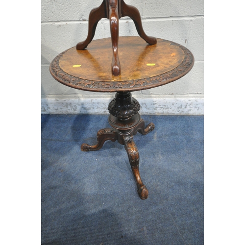 1285 - A GEORGIAN MAHOGANY TILT TOP TRIPOD TABLE, with a spiral support, diameter 76cm x height 72cm, a Vic... 