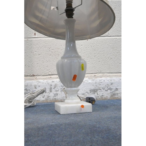 1291 - A MARBLE TABLE LAMP, a marble effect standard lamp, along with two other standard lamps (condition r... 