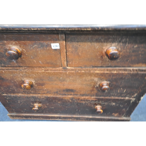 1292 - A 19TH CENTURY PINE CHEST OF TWO SHORT OVER TWO LONG DRAWERS, raised on turned feet, width 97cm x de... 