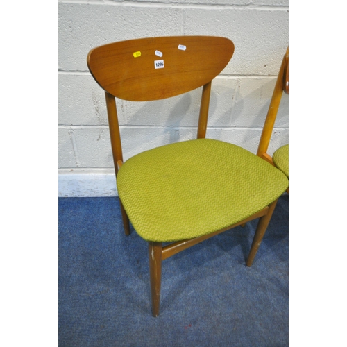 1295 - A SET OF FOUR MID CENTURY TEAK DINING CHAIRS, with rounded back rest, green upholstery, raised on cy... 