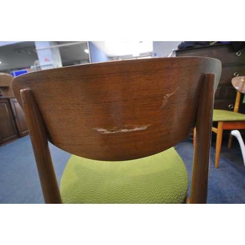 1295 - A SET OF FOUR MID CENTURY TEAK DINING CHAIRS, with rounded back rest, green upholstery, raised on cy... 